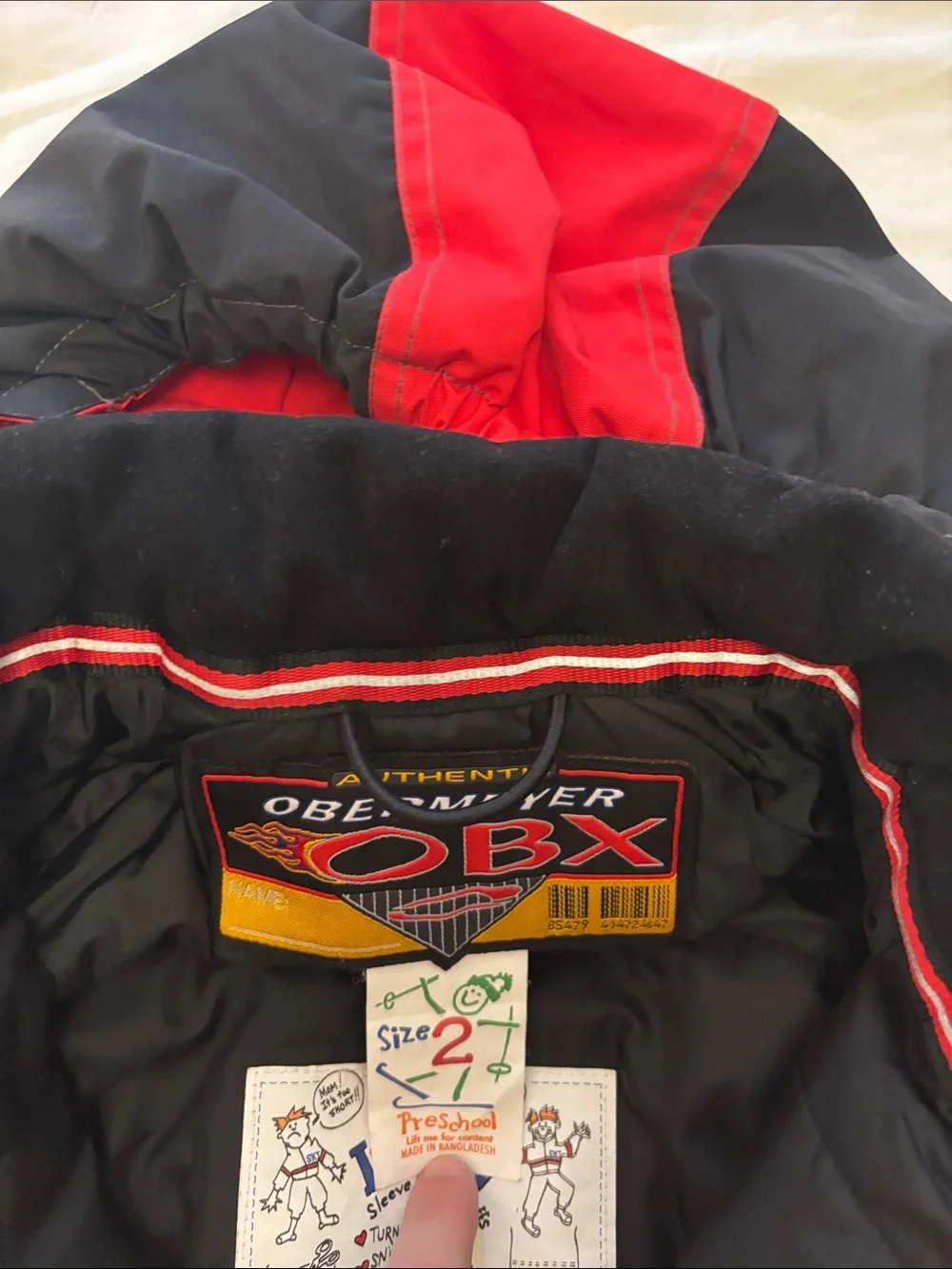 Obermeyer Red and Navy Kids Hooded Ski Jacket